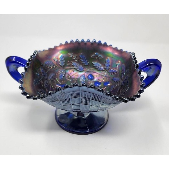 Northwood Cobalt Blue Fruits & Flowers Carnival Glass Handled Bonbon Dish - Picture 4 of 11